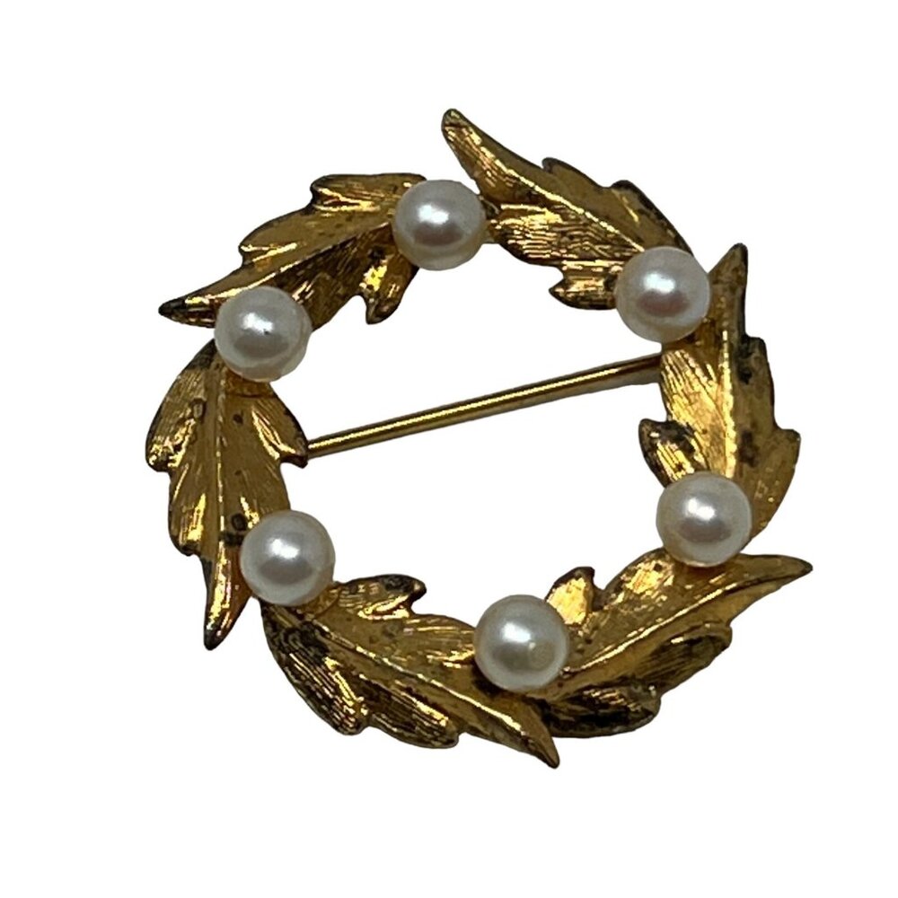 Vintage Danecraft Brooch Wreath Sterling Gold Tone with Faux‎ Pearl Accents